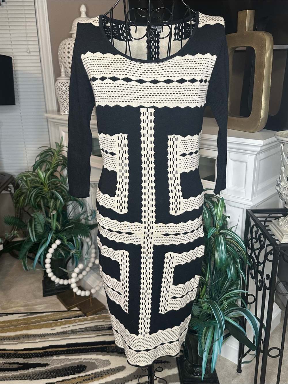 Lapis Black & Cream Geometric Knit Midi Dress